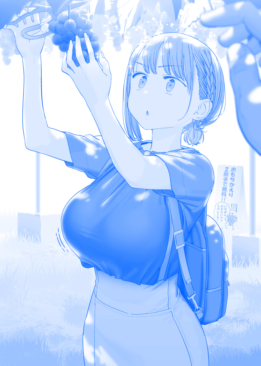 1girl ai-chan_(tawawa) backpack bag blouse blue_theme braid breasts chestnut_mouth commentary_request dappled_sunlight emphasis_lines eyebrows_hidden_by_hair food fruit getsuyoubi_no_tawawa grapes grass highres himura_kiseki large_breasts scissors shirt short_hair skirt solo sunlight translation_request tree