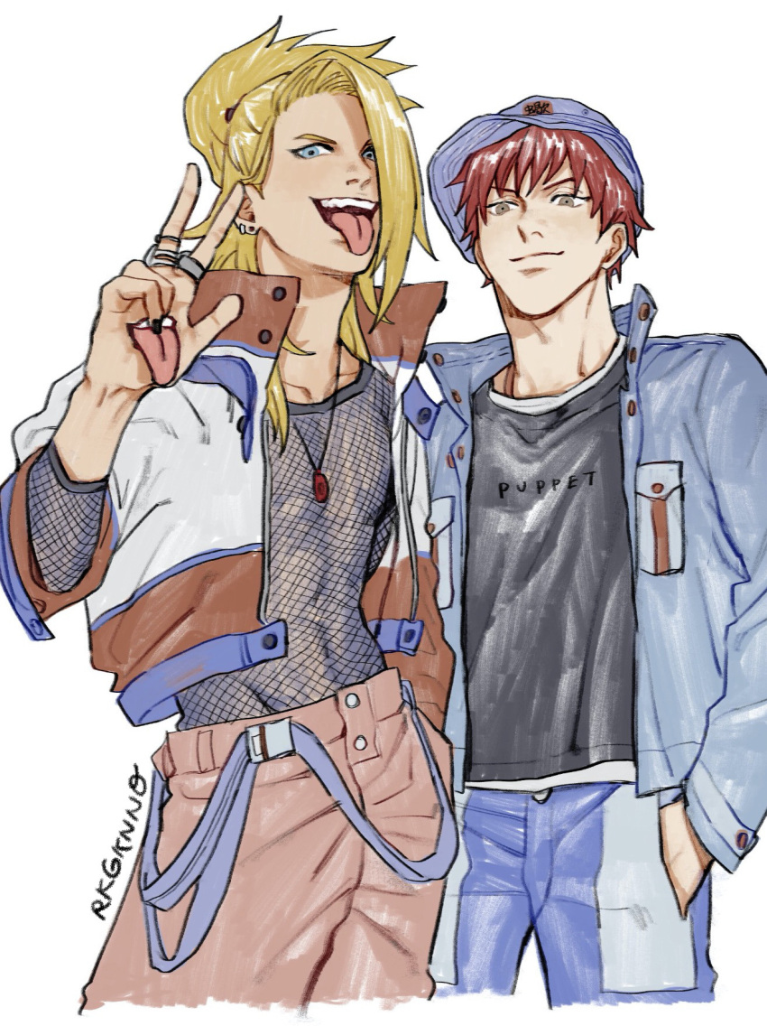 2boys blonde_hair blue_eyes blue_jacket brown_eyes clothes_writing deidara_(naruto) earrings fishnets hand_in_pocket hand_mouth highres jacket jewelry long_hair multiple_boys naruto_(series) necklace open_mouth ponytail redhead ring rkgknno sasori_(naruto) short_hair signature smile tongue tongue_out v white_background