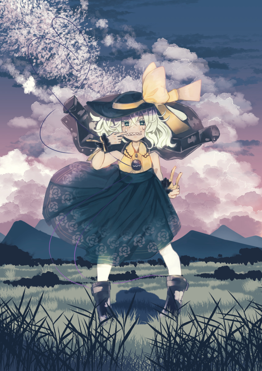 1girl black_footwear black_headwear boots bow bright_pupils buttons clenched_teeth clouds cloudy_sky culotte_(hosenrock) diamond_button eyeball floating_clothes floral_print frilled_shirt_collar frills frown full_body green_eyes green_skirt hat hat_bow hat_ribbon heart heart_of_string highres jacket komeiji_koishi leather leather_jacket light_green_hair looking_at_viewer medium_hair mountain mountainous_horizon outdoors ribbon rose_print sharp_teeth shirt skirt sky sleeveless sleeveless_shirt solo tears teeth third_eye touhou wavy_hair white_pupils yellow_bow yellow_ribbon yellow_shirt