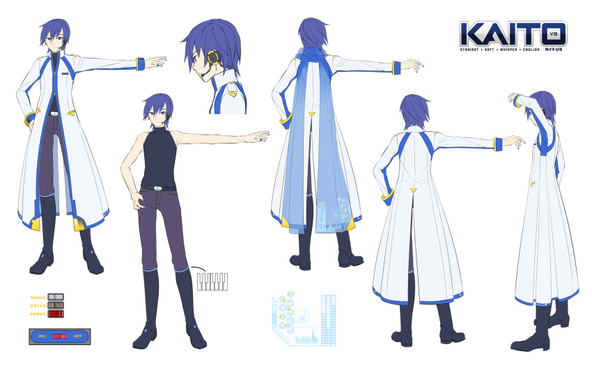 1boy asymmetrical_hair bangs belt black_footwear black_shirt blue_eyes blue_hair blue_scarf boots coat grey_pants headset highres ixima kaito_(vocaloid) kaito_(vocaloid3) knee_boots logo long_coat male_focus multiple_views nail_polish official_art pants reference_sheet scarf see-through shirt short_hair sleeve_cuffs sleeveless sleeveless_turtleneck turnaround turtleneck vocaloid white_coat zipper