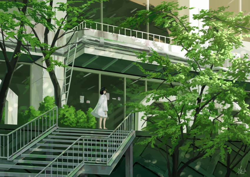 1girl black_hair building coat commentary_request from_behind highres ladder long_sleeves looking_to_the_side original scenery short_hair shurock signature solo stairs tree walking white_coat wide_shot