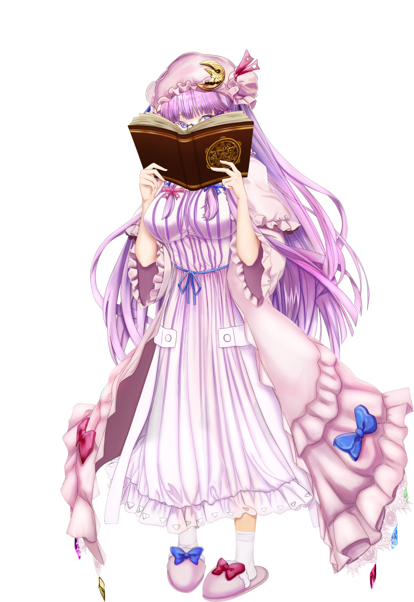 absurdres bangs blue_bow blunt_bangs book book_to_mouth bow bowtie bun_cover crescent crescent_hat_ornament double_bun dress glasses hair_bow hair_bun hat hat_bow hat_ornament highres holding holding_book long_hair long_sleeves looking_at_viewer mob_cap open_book patchouli_knowledge pink_bow pink_bowtie purple_dress purple_hair purple_headwear red_bow slippers socks standing striped striped_dress tachi-e tk31 touhou transparent_background vertical-striped_dress vertical_stripes very_long_hair violet_eyes white_socks wide_sleeves