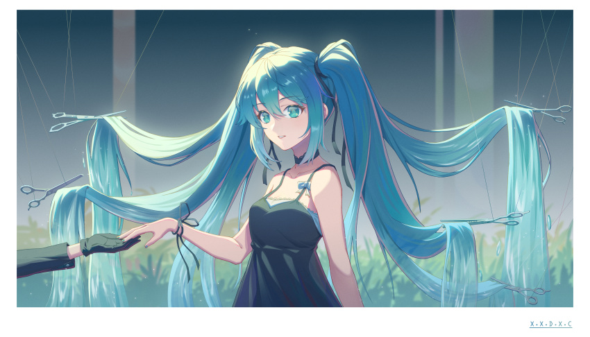 1girl 1other absurdres aqua_eyes aqua_hair artist_name bangs black_dress black_gloves black_ribbon border collarbone commentary_request dress gloves hair_ribbon hatsune_miku highres long_hair long_sleeves ribbon scissors sleeveless sleeveless_dress solo_focus twintails upper_body vocaloid watermark white_border wrist_ribbon x.x.d.x.c