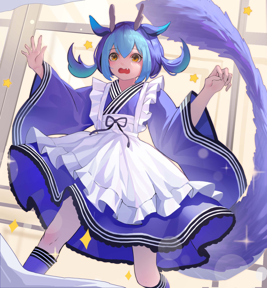 1girl absurdres animal_ears apron blue_dress dragon_girl dress duel_monster fang hands_up highres horns laundry laundry_dragonmaid mamayu multicolored_hair open_mouth orange_eyes solo tail two-tone_hair wide_sleeves yu-gi-oh!