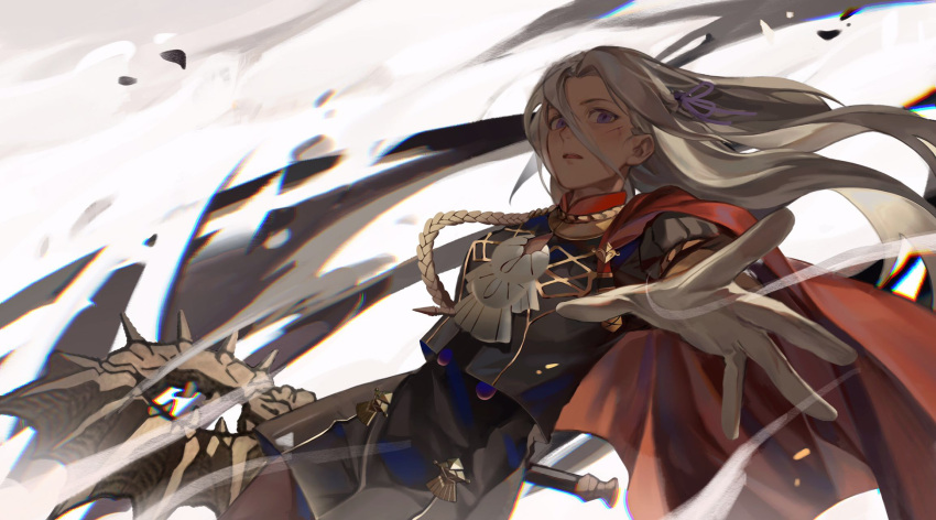 1girl cape edelgard_von_hresvelg fire_emblem fire_emblem:_three_houses fire_emblem_warriors:_three_hopes floating_hair foreshortening gloves hair_between_eyes hair_ribbon highres injury long_hair looking_at_viewer outstretched_hand purple_ribbon red_cape ribbon solo user_zpey3748 white_gloves wind