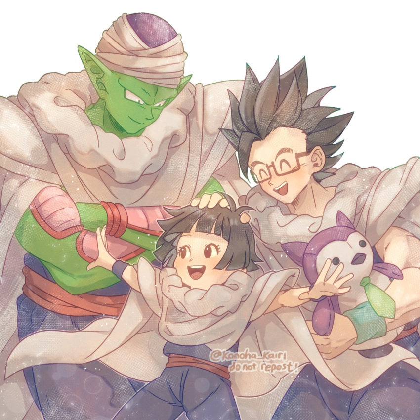 1girl 2boys :d black_hair cape child colored_skin dougi dragon_ball dragon_ball_super dragon_ball_super_super_hero father_and_daughter female_child glasses green_skin headpat highres holding holding_stuffed_toy konoha_kairi multiple_boys open_mouth pan_(dragon_ball) piccolo red_sash sash short_hair smile son_gohan spiky_hair stuffed_toy turban white_cape