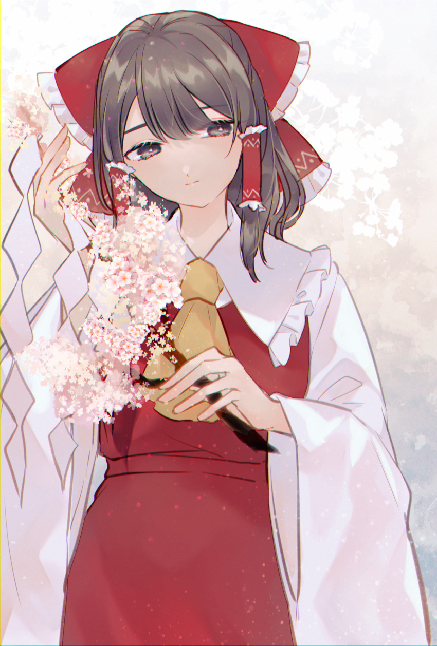 1girl ascot bangs bow branch brown_eyes brown_hair closed_mouth collared_dress dress eyes_visible_through_hair flower frills gradient gradient_background grey_background grey_eyes hair_between_eyes hair_ornament hair_tubes hakurei_reimu hands_up highres katai_(nekoneko0720) long_sleeves looking_to_the_side pink_flower red_bow red_dress short_hair solo standing touhou wide_sleeves yellow_ascot yellow_background
