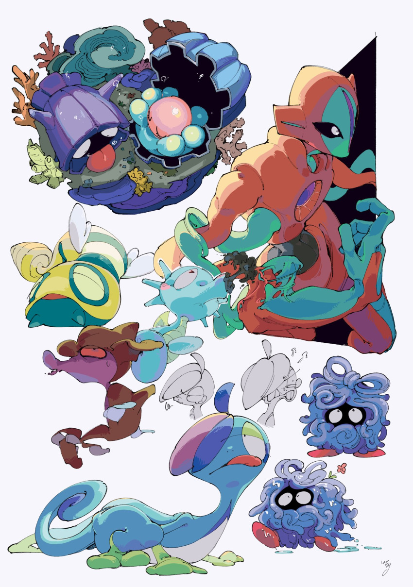 0_ici_0 =3 black_eyes bow clamperl coral deoxys deoxys_(normal) drizzile dunsparce flower highres horsea looking_up partially_colored pink_flower pokemon pokemon_(creature) shellder skrelp squiggle tangela teeth tongue tongue_out wet
