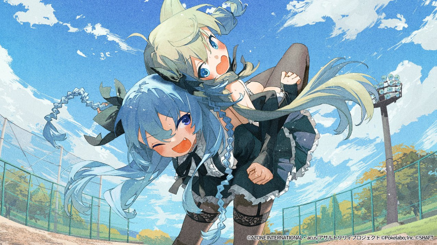 2girls ;d ahoge assault_lily assisted_stretching back-to-back bangs bare_shoulders bent_over black_bow black_ribbon black_skirt blue_eyes blue_hair blue_sky blush bow braid breasts brown_pantyhose brown_thighhighs center_frills commentary_request cowboy_shot day detached_sleeves fang fence floating_hair frilled_shirt frilled_shirt_collar frilled_skirt frills garter_straps green_hair hair_between_eyes hair_bow high-waist_skirt jewelry kanabako_misora lifting_person light_particles locked_arms long_hair long_sleeves looking_at_viewer looking_back medium_breasts miniskirt mori_tatsuki multiple_girls neck_ribbon official_art one_eye_closed open_mouth outdoors pantyhose potg_(piotegu) ribbon ring school_uniform shirt sidelocks skirt sky sleeveless sleeveless_shirt sleeves_past_wrists smile standing stretching suspender_skirt suspenders sweat thigh-highs tree twin_braids v-shaped_eyebrows watermark wavy_mouth white_shirt yurigaoka_girls_academy_school_uniform zettai_ryouiki
