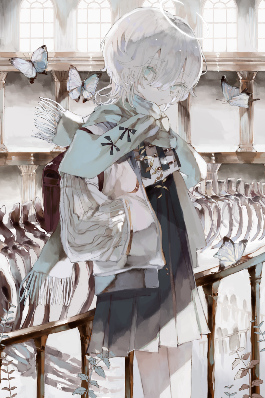 1girl absurdres blue_butterfly bug butterfly closed_mouth coat ema_(613mitzvot) expressionless fossil halo hands_in_pockets highres jacket looking_at_viewer original pale_skin scarf short_hair skirt solo white_eyes white_hair white_theme