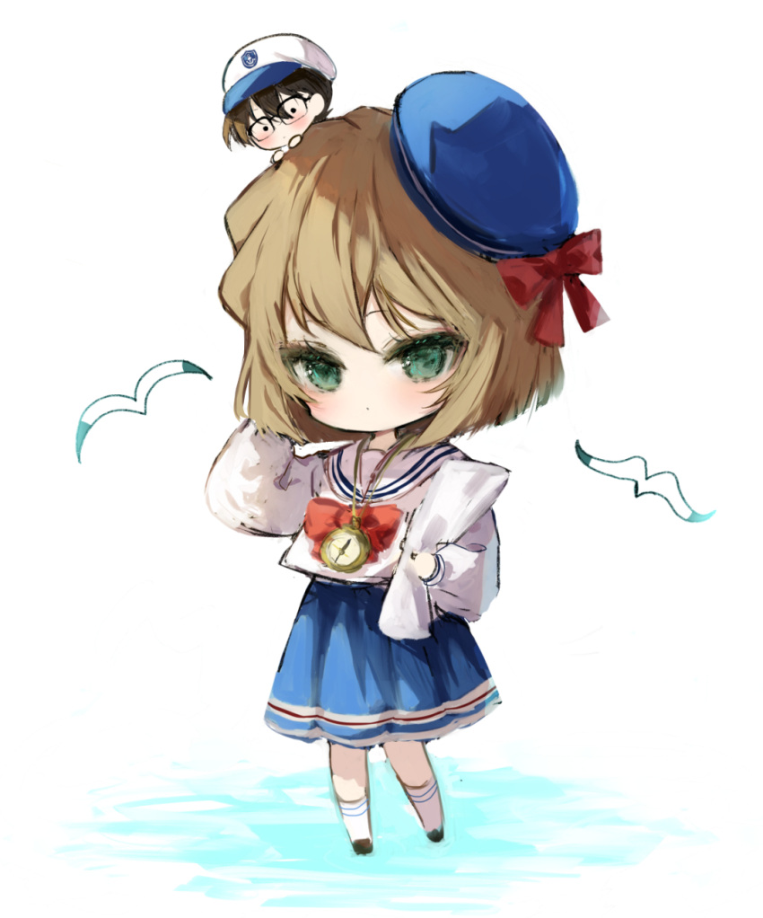 1boy 1girl animal bangs beret bird black_footwear black_hair blue_headwear blue_skirt blush bow brown_hair cabbie_hat chibi closed_mouth commentary_request edogawa_conan green_eyes haibara_ai hair_between_eyes hand_up hat highres meitantei_conan miniboy on_head piyokichi pocket_watch red_bow sailor_collar school_uniform serafuku shirt shoes skirt socks standing tilted_headwear watch water white_background white_headwear white_sailor_collar white_shirt white_socks