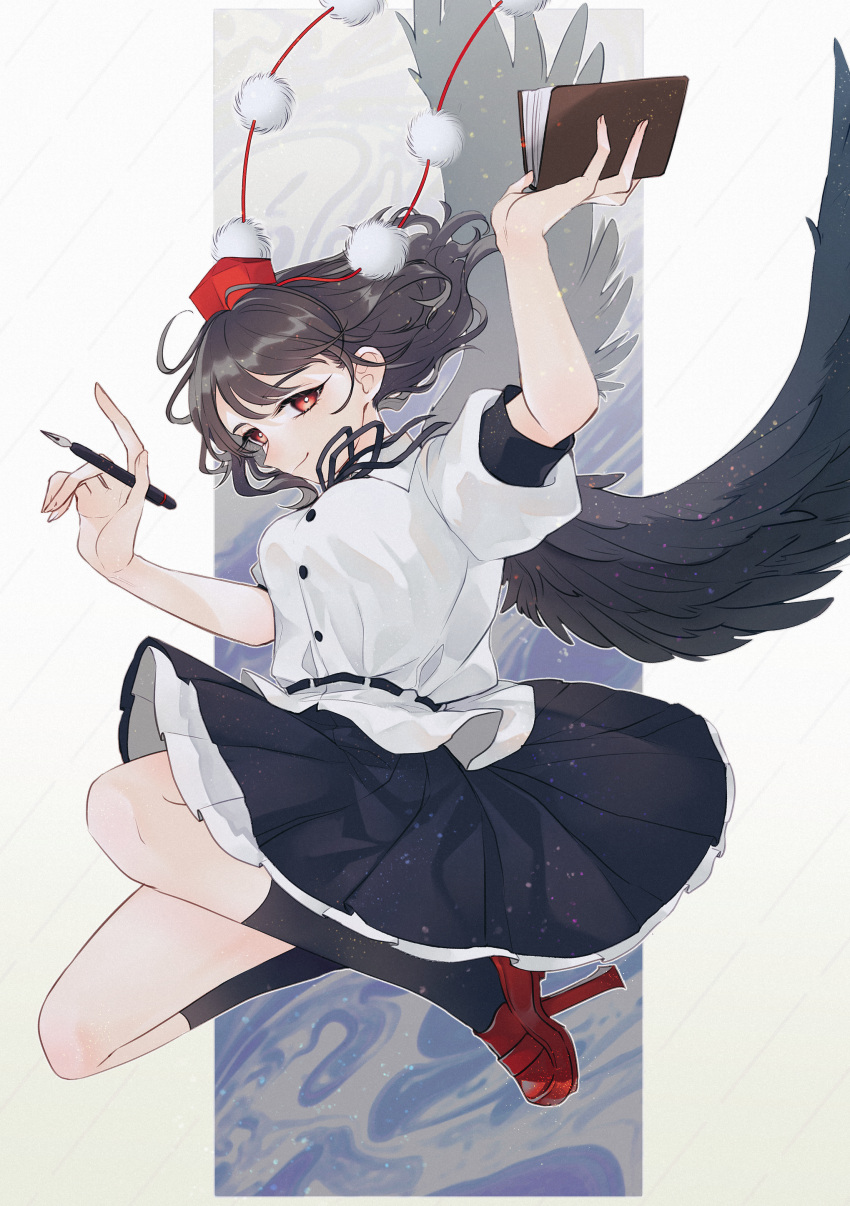 1girl absurdres arm_up bangs black_bow black_bowtie black_socks blue_background blue_skirt bow bowtie breasts brown_hair buttons closed_mouth collared_shirt flying grey_background hands_up hat highres katai_(nekoneko0720) medium_breasts note pen pom_pom_(clothes) puffy_short_sleeves puffy_sleeves red_eyes red_footwear red_headwear shameimaru_aya shirt shoes short_hair short_sleeves skirt smile socks solo tokin_hat touhou white_shirt wings