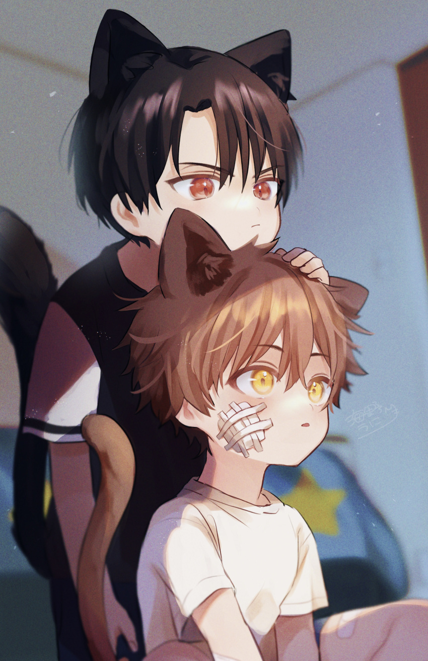 2boys absurdres animal_ears bandages bandaid_on_thigh black_hair brothers brown_hair cat cat_boy cat_ears closed_mouth facing_to_the_side highres leaning_on_person looking_ahead male_child male_focus multiple_boys orange_eyes original parted_lips red_eyes short_sleeves shorts siblings umino_uni