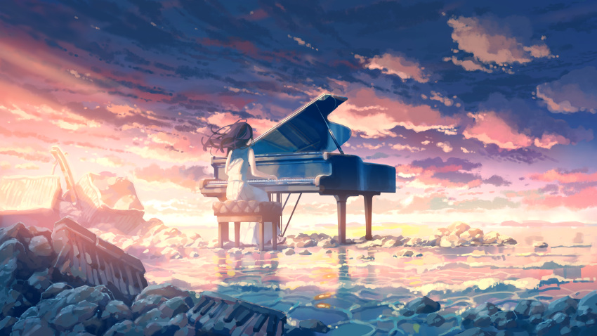1girl absurdres black_hair clouds cloudy_sky copyright_request evening from_behind full_body grand_piano hair_lift highres horizon instrument long_hair music outdoors piano piano_bench piano_keys playing_instrument playing_piano ruins scenery shijohane shirt shore sitting skirt sky sleeveless sleeveless_shirt solo twilight wading water white_shirt white_skirt wind wind_lift