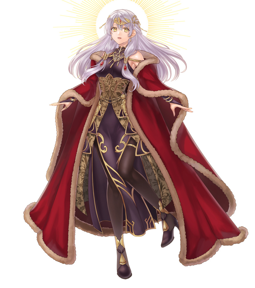 1girl absurdres bangs bare_shoulders black_dress black_gloves black_pantyhose bracelet bridal_gauntlets cape circlet coat commission dress elbow_gloves fire_emblem fire_emblem:_radiant_dawn fire_emblem_cipher fire_emblem_heroes fur-trimmed_coat fur_trim gloves grey_hair half_updo hazuki_(nyorosuke) highres jewelry long_dress long_hair micaiah_(fire_emblem) official_alternate_costume pantyhose pelvic_curtain red_cape red_coat side_slit simple_background skeb_commission sleeveless sleeveless_dress smile solo turtleneck_dress white_background yellow_eyes