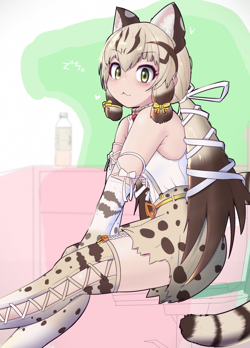 1girl :3 absurdres animal_ears animal_print bare_shoulders blonde_hair blush brown_hair cat_ears cat_girl cat_print cat_tail detached_sleeves extra_ears geoffroy's_cat_(kemono_friends) green_eyes high-waist_skirt highres kemono_friends kemono_friends_v_project looking_at_viewer morrowine multicolored_hair pleated_skirt print_skirt print_sleeves print_thighhighs shirt skirt solo tail twintails white_shirt zettai_ryouiki