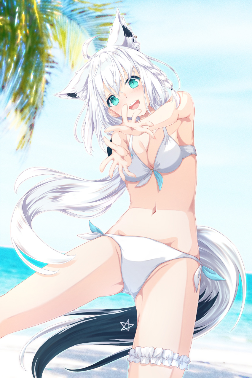 1girl absurdres ahoge animal_ear_fluff animal_ears bangs bikini blush braid breasts bridal_garter clouds cloudy_sky commentary_request day dutch_angle earrings extra_ears fox_ears fox_girl fox_tail ghana_(choco_kana) green_eyes hair_between_eyes highres hololive jewelry long_hair looking_at_viewer ocean open_mouth outdoors outstretched_arms palm_tree pentagram shirakami_fubuki sidelocks single_braid sky small_breasts smile solo swimsuit tail tree virtual_youtuber white_bikini white_hair