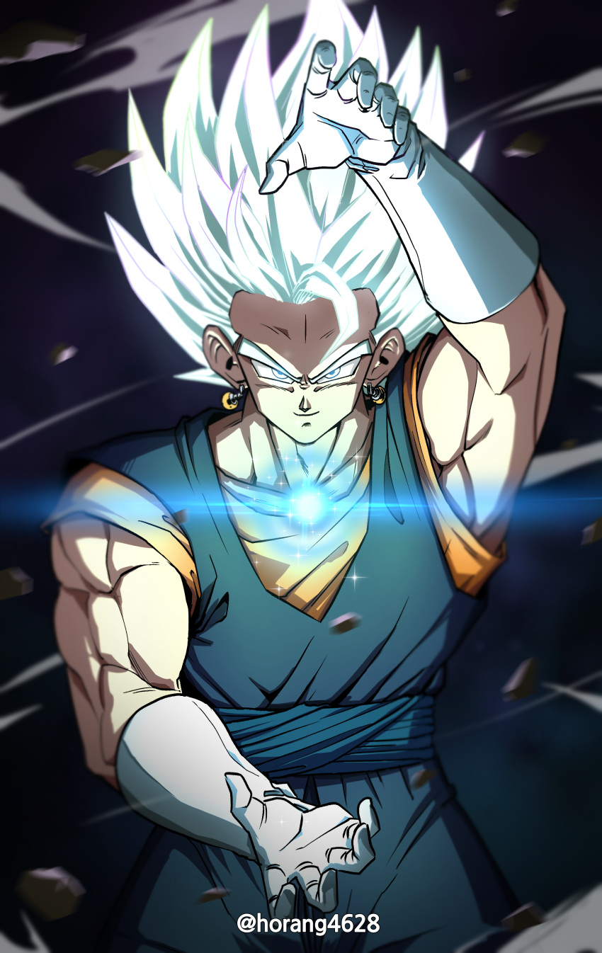 1boy absurdres arm_up closed_mouth dougi dragon_ball dragon_ball_z dust dust_cloud earrings energy energy_ball gloves glowing glowing_eyes highres horang4628 jewelry lens_flare looking_at_viewer male_focus motion_blur muscular muscular_male smile solo sparkle spiky_hair twitter_username ultra_instinct vegetto white_eyes white_gloves white_hair wind