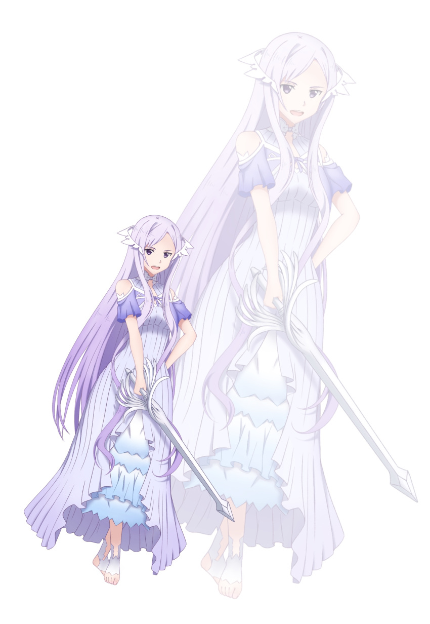 1girl bare_shoulders barefoot detached_sleeves dress feet hair_over_crotch highres holding holding_sword holding_weapon long_hair long_skirt looking_at_viewer no_shoes open_mouth peri_(qq2748089832) purple_dress purple_hair quinella skirt sword sword_art_online sword_art_online:_alicization very_long_hair violet_eyes weapon
