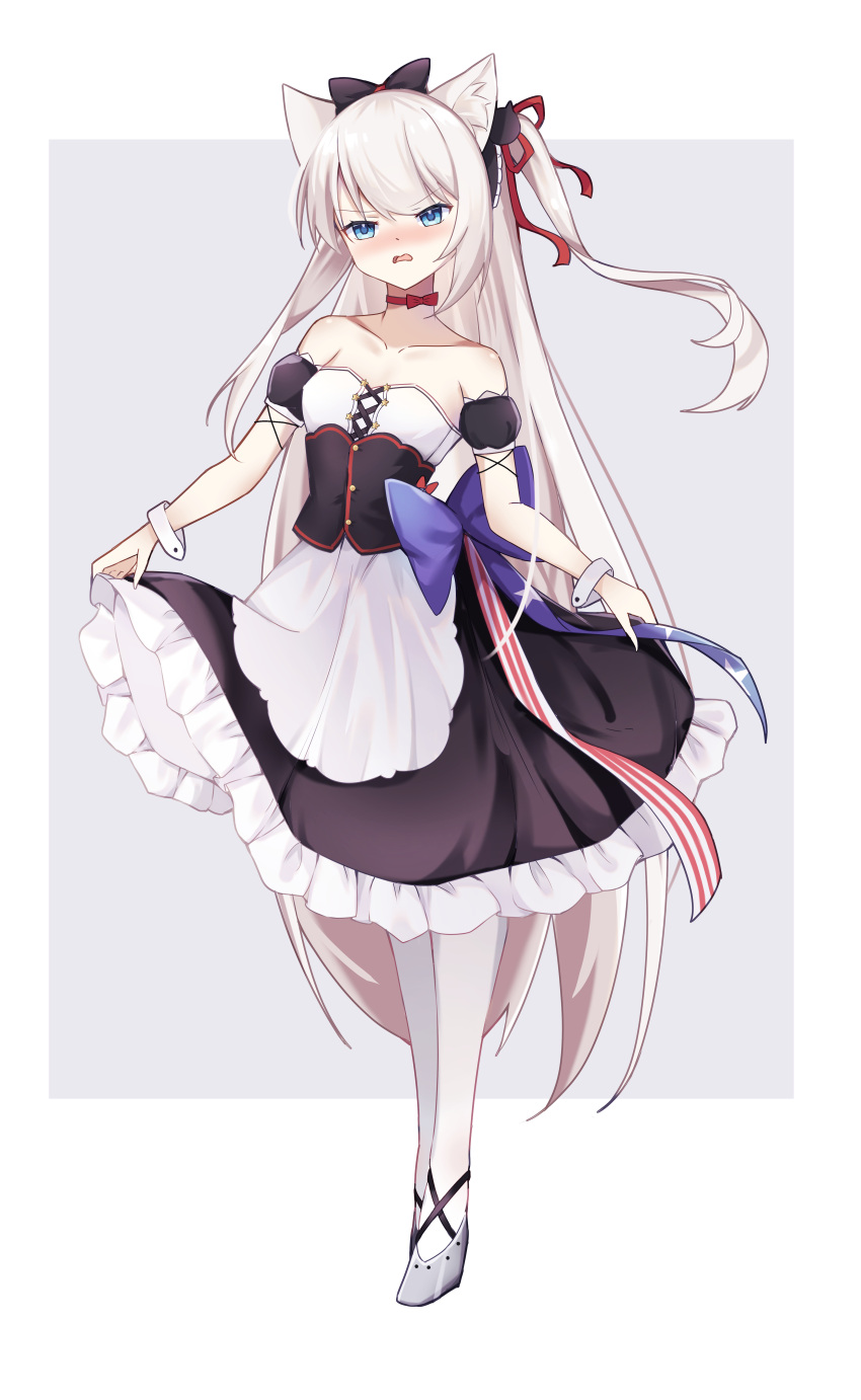 1girl absurdres angry animal_ears apron azur_lane bare_shoulders black_dress blue_eyes blush breasts cat_ears cat_girl detached_sleeves dress frilled_apron frilled_dress frills full_body hairband hammann_(azur_lane) highres lolita_hairband long_hair looking_at_viewer pantyhose retrofit_(azur_lane) skirt_hold small_breasts solo very_long_hair waist_apron white_apron white_hair white_pantyhose ye_zhaolan