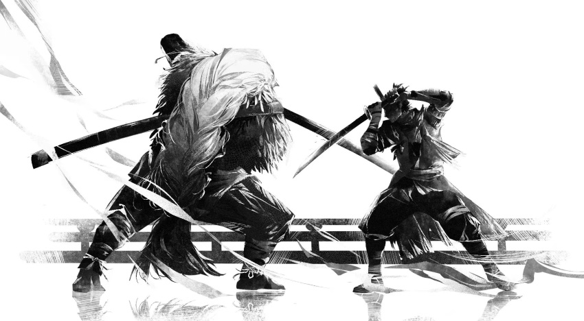 2boys bangs braid feather-trimmed_jacket fighting from_side great_shinobi_owl greyscale highres holding holding_sword holding_weapon japanese_clothes long_hair male_focus megasus monochrome multiple_boys sekiro sekiro:_shadows_die_twice short_hair standing sword very_long_hair weapon