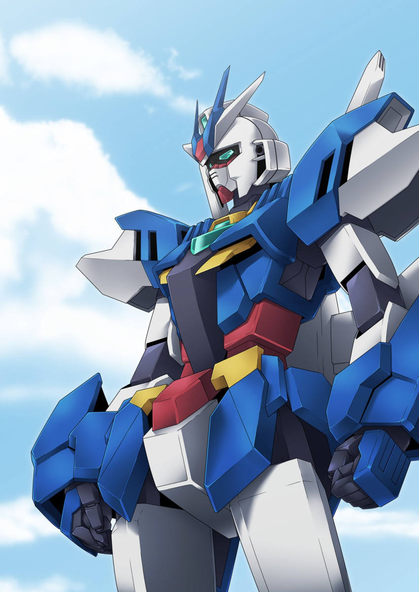 clenched_hands clouds earthree_gundam english_commentary green_eyes gundam gundam_build_divers gundam_build_divers_re:rise highres looking_at_viewer mecha mobile_suit no_humans robot science sky solo v-fin yuuyatails