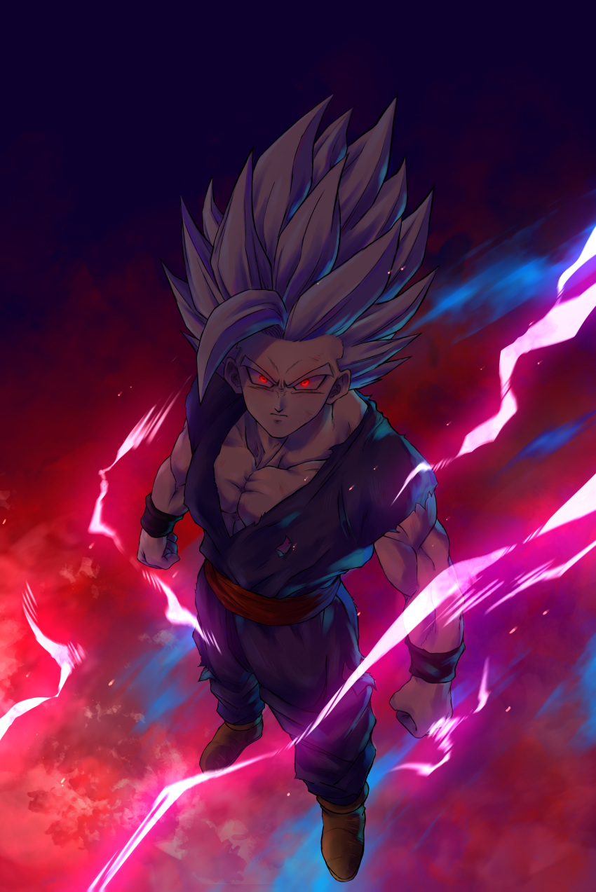 1boy absurdres cell_max clenched_hand closed_mouth dougi dragon_ball dragon_ball_super dragon_ball_super_super_hero electricity glowing glowing_eyes gohan_beast highres looking_at_viewer male_focus muscular muscular_male papita_pochi red_eyes short_hair simple_background solo son_gohan spiky_hair spoilers super_saiyan white_hair wristband