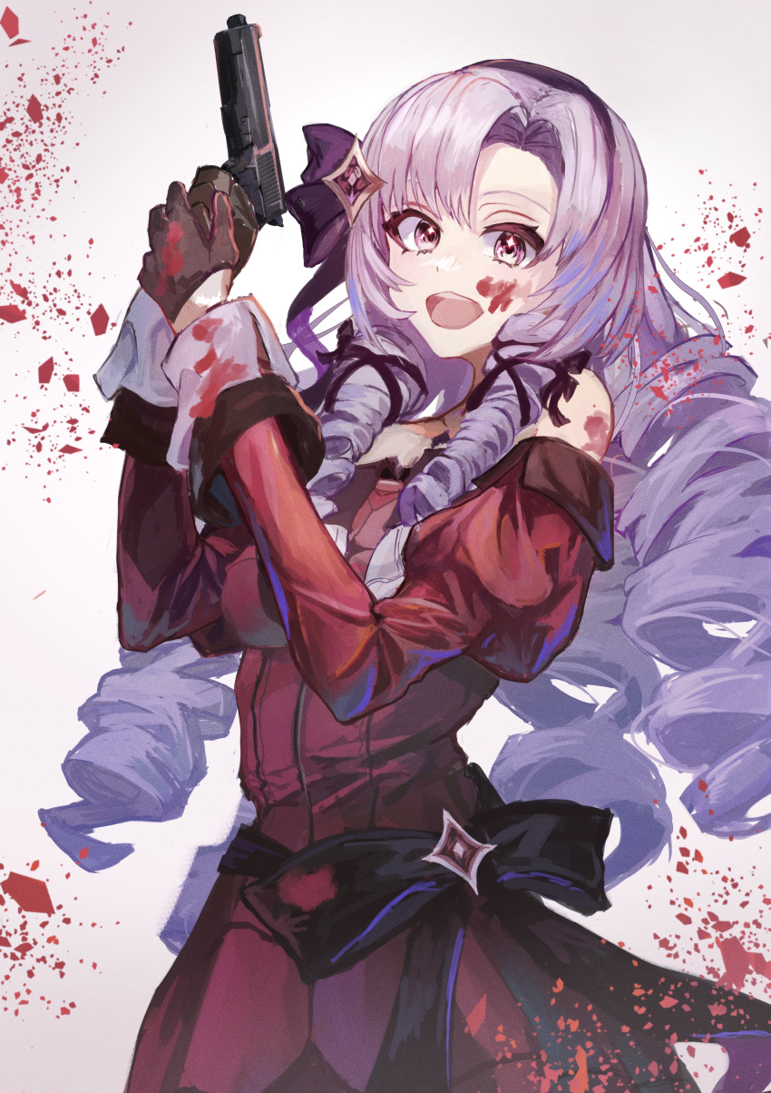 1girl absurdres black_gloves blood blood_on_face bow cowboy_shot dress drill_hair gloves gradient gradient_background gun hair_bow hair_ribbon highres holding holding_gun holding_weapon hyakumantenbara_salome juliet_sleeves ken_shiro long_sleeves looking_at_viewer nijisanji open_mouth pink_eyes pink_hair puffy_sleeves red_dress ribbon solo virtual_youtuber weapon