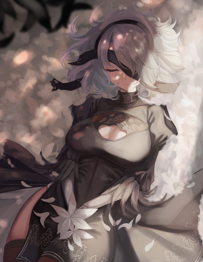 1girl black_blindfold black_dress blindfold breasts cleavage_cutout closed_eyes clothing_cutout dress feather-trimmed_sleeves feather_trim flower highres juliet_sleeves large_breasts long_sleeves lying m0_chi mole mole_under_mouth nier_(series) nier_automata on_back one_eye_covered puffy_sleeves short_hair white_flower white_hair yorha_no._2_type_b