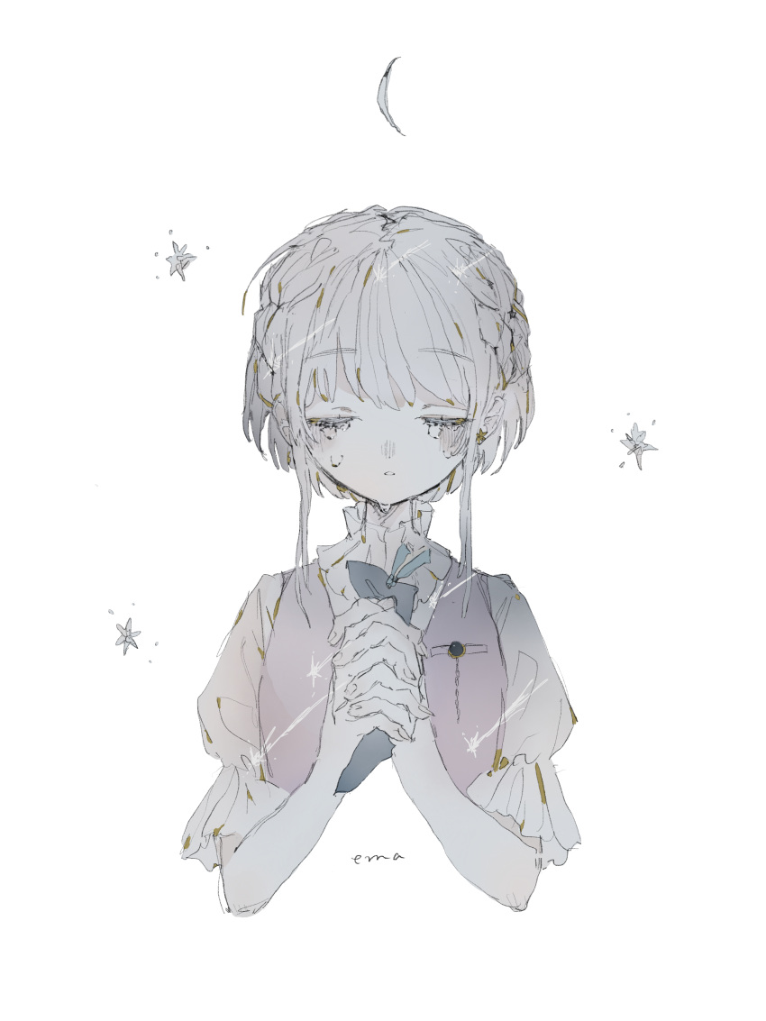 1girl absurdres artist_name braid closed_eyes crescent crown_braid crying ema_(613mitzvot) frown highres open_mouth original own_hands_together pale_skin solo star_(symbol) tanabata tears updo white_background white_hair