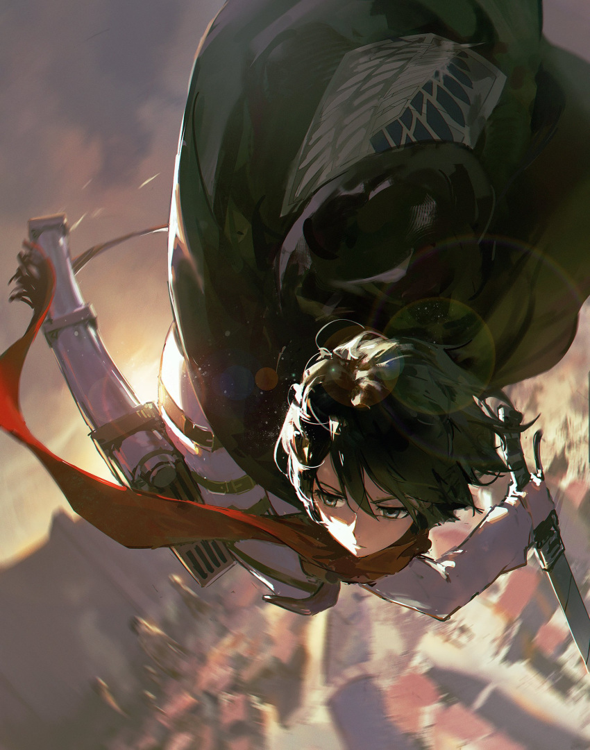 1girl bangs black_hair blurry blurry_background building cloak depth_of_field dino_(dinoartforame) dutch_angle falling from_above grey_eyes highres holding holding_sword holding_weapon long_sleeves looking_to_the_side midair mikasa_ackerman motion_blur paradis_military_uniform pov red_scarf scarf serious shingeki_no_kyojin short_hair solo sunlight sunrise sword weapon white_sleeves