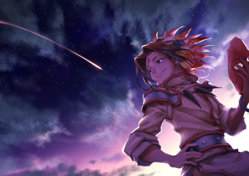 1boy asakura_you blonde_hair brown_eyes child closed_mouth clouds commentary_request falling_star holding holding_mask jewelry long_sleeves male_child male_focus mask necklace night night_sky outdoors shaman_king sky smile solo star_(sky) starry_sky yasuo_(chisyu0204)