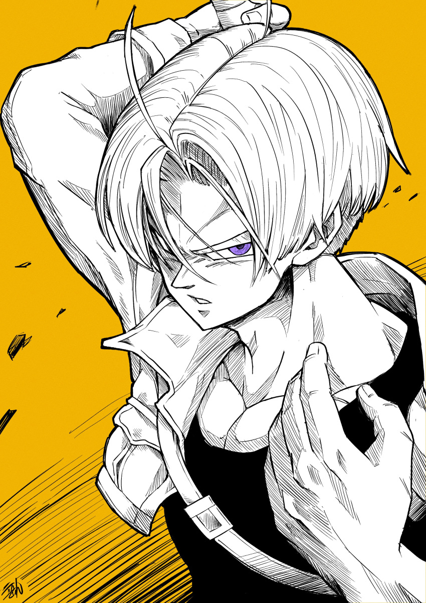 1boy absurdres dragon_ball dragon_ball_z hair_over_eyes highres holding holding_sword holding_weapon jacket liedein looking_at_viewer male_focus monochrome muscular muscular_male open_mouth serious short_hair simple_background solo sword sword_behind_back trunks_(dragon_ball) trunks_(future)_(dragon_ball) violet_eyes weapon yellow_background