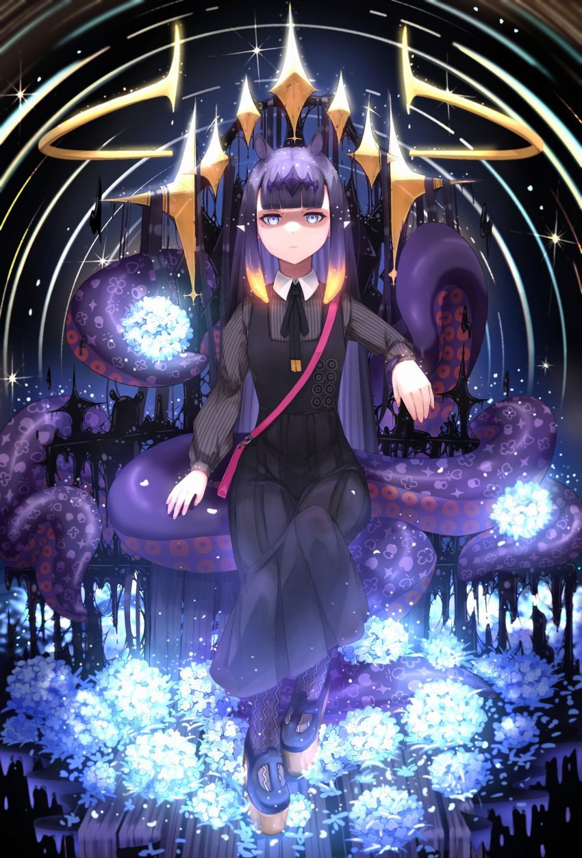 1girl absurdres bangs black_dress blue_eyes blunt_bangs boots closed_mouth collared_dress dress flower glowing glowing_flower gradient_hair halo high_heel_boots high_heels highres hololive hololive_english j4ngaro long_hair looking_at_viewer mole mole_under_eye multicolored_hair ninomae_ina'nis orange_hair pleated_dress pointy_ears purple_hair sidelocks sitting solo tentacle_hair tentacles very_long_hair virtual_youtuber