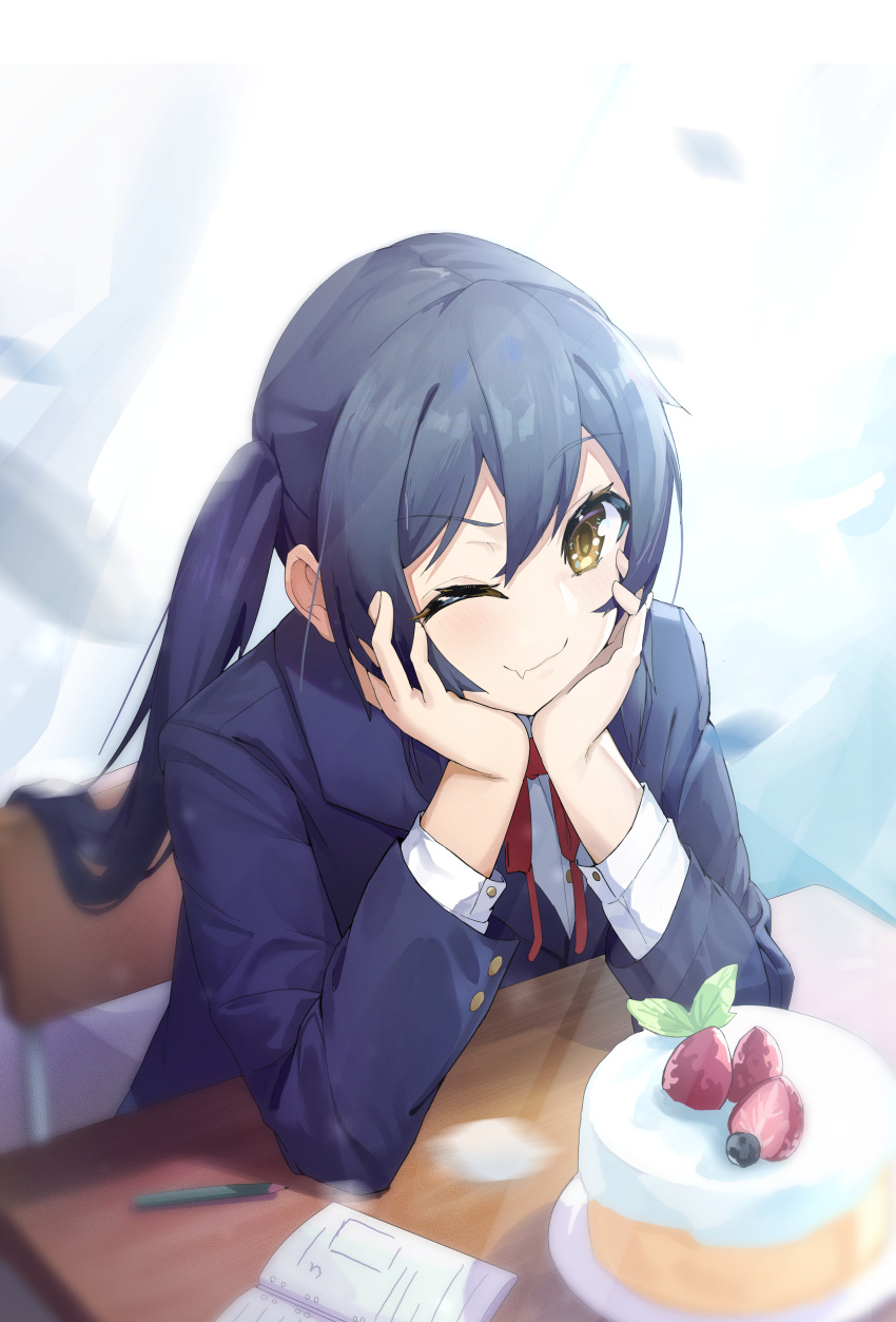 1girl absurdres azusaec bangs birthday_cake black_hair blazer blue_jacket blush book cake chair closed_mouth commentary_request desk food hands_on_own_cheeks hands_on_own_face highres jacket k-on! long_hair long_sleeves looking_at_viewer nakano_azusa neck_ribbon one_eye_closed open_book pencil red_ribbon ribbon sakuragaoka_high_school_uniform school_chair school_desk school_uniform shirt sitting smile solo twintails upper_body white_shirt yellow_eyes