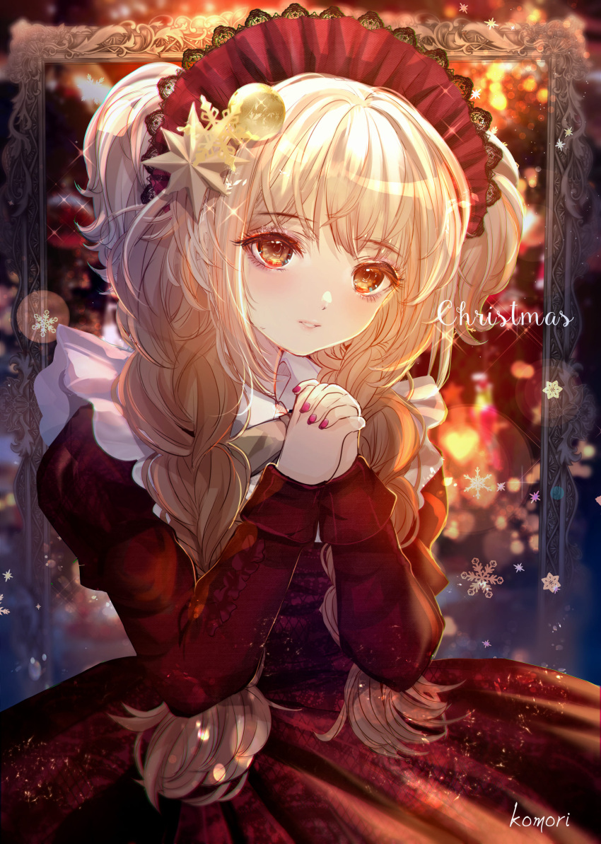1girl absurdres artist_name bangs blonde_hair braid brown_eyes christmas dress hair_ornament headdress highres komirihikku lolita_fashion long_hair long_sleeves nail_polish original own_hands_clasped own_hands_together parted_lips red_dress red_nails solo twin_braids twintails very_long_hair