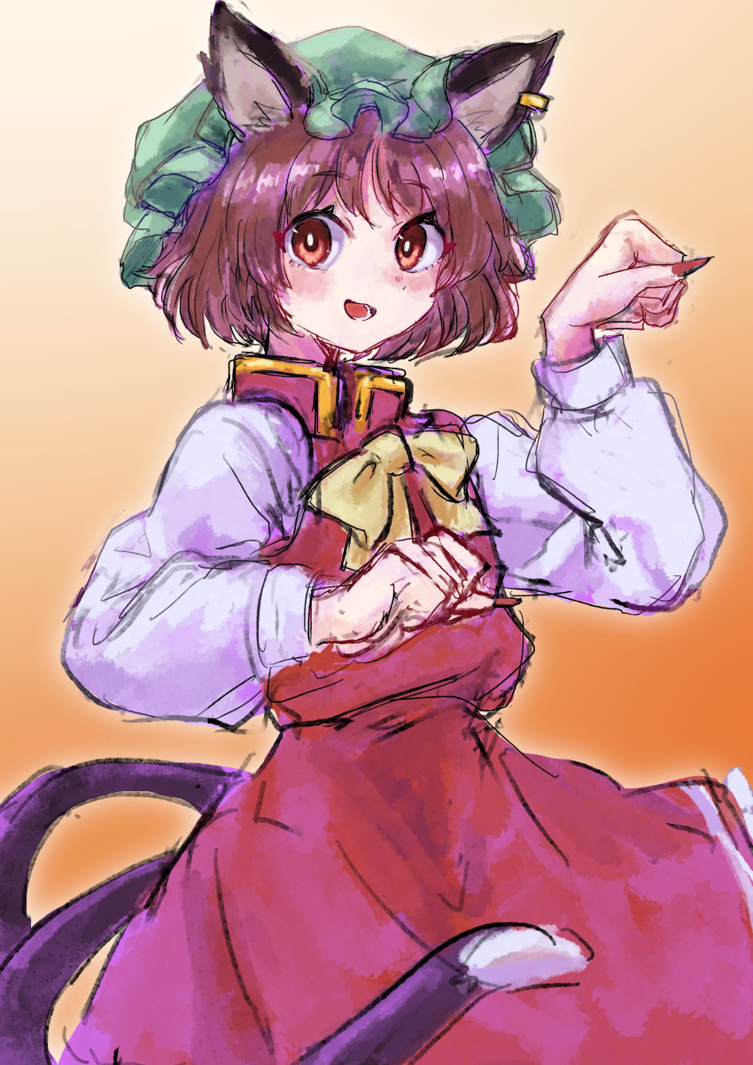 1girl :d absurdres animal_ears brown_hair cat_ears cat_tail chen earrings green_headwear hat highres himari_ra jewelry lower_teeth mob_cap multiple_tails orange_background paw_pose smile solo tail teeth touhou