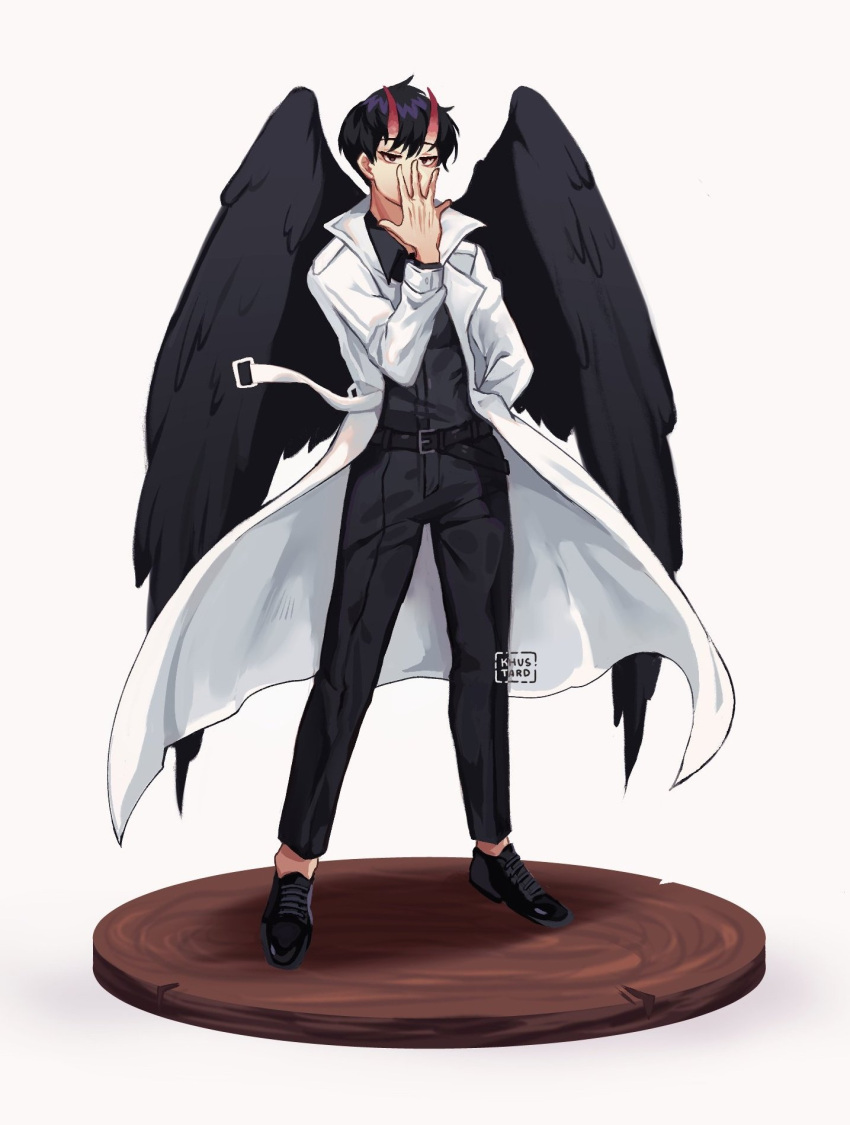 1boy artist_name belt black_belt black_footwear black_hair black_pants black_shirt black_wings coat commentary covered_mouth dok-ja_kim english_commentary feathered_wings figure full_body hand_in_pocket highres horns khustard long_sleeves looking_at_viewer male_focus note omniscient_reader's_viewpoint open_clothes open_coat pants red_horns shirt shoes short_hair simple_background solo standing white_background white_coat wings