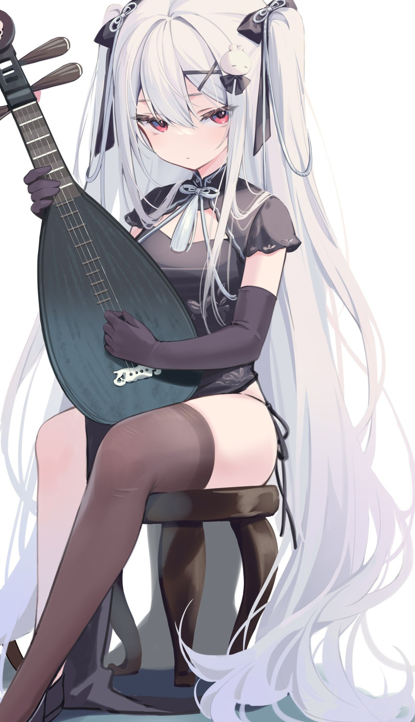 1girl absurdres aka_kan black_dress black_gloves black_panties black_thighhighs china_dress chinese_clothes dress elbow_gloves gloves guitar hair_ornament hairclip highres instrument legs long_hair looking_at_viewer music original panties pelvic_curtain playing_instrument red_eyes ribbon side-tie_panties single_thighhigh sitting solo stool thigh-highs thighs two_side_up underwear very_long_hair white_hair