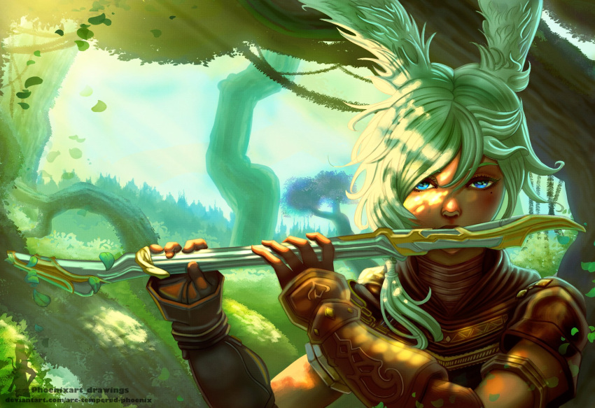 1girl animal_ears avatar_(ff14) bangs clip_studio_paint_(medium) dark-skinned_female dark_skin final_fantasy final_fantasy_xiv flute forest gloves hair_between_eyes hair_over_shoulder highres instrument long_hair looking_at_viewer mole mole_under_eye nature phoenix_sensei rabbit_ears solo upper_body viera watermark web_address white_hair