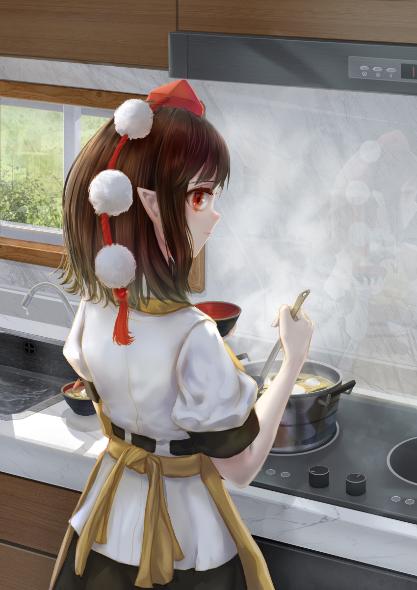 1girl absurdres apron bangs black_skirt brown_hair closed_mouth collared_shirt cooking cooking_pot counter egg_(food) fasnakegod food from_behind hat highres holding holding_ladle ladle looking_to_the_side pointy_ears pom_pom_(clothes) puffy_sleeves red_eyes red_headwear reflection shameimaru_aya shirt short_hair short_sleeves sink skirt smile solo steam stove tengu tokin_hat touhou white_shirt white_sleeves window yellow_apron