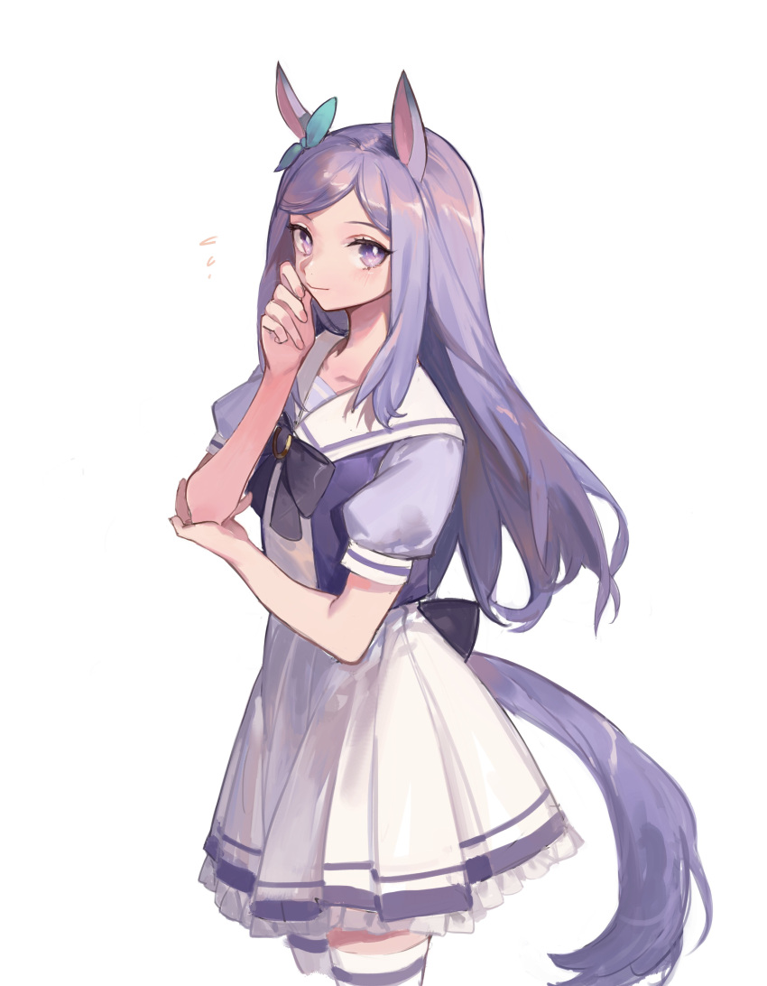 1girl absurdres animal_ears blush bow bowtie closed_mouth cowboy_shot ear_bow elbow_rest hand_up highres horse_ears horse_girl horse_tail long_hair looking_at_viewer mejiro_mcqueen_(umamusume) mixkechin purple_hair purple_shirt sailor_collar shirt short_sleeves skirt smile solo tail thigh-highs umamusume violet_eyes white_background white_skirt white_thighhighs
