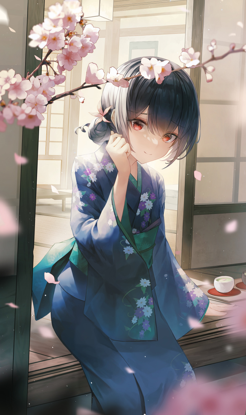 1girl absurdres bangs black_hair blue_kimono blush commentary crystalherb falling_petals floral_print flower hair_bun hair_flower hair_ornament highres idolmaster idolmaster_shiny_colors japanese_clothes kimono looking_at_viewer morino_rinze obi outdoors petals pink_flower print_kimono red_eyes sash short_hair single_hair_bun sitting smile solo symbol-only_commentary wide_sleeves