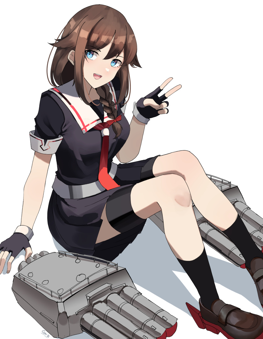 1girl :d absurdres bangs black_footwear black_gloves black_shirt black_skirt black_socks blue_eyes bow braid brown_hair fingerless_gloves gar32 gloves hair_bow hair_ornament highres kantai_collection long_hair looking_at_viewer open_mouth red_bow shigure_(kancolle) shirt shoes short_sleeves sitting skirt smile socks v white_background