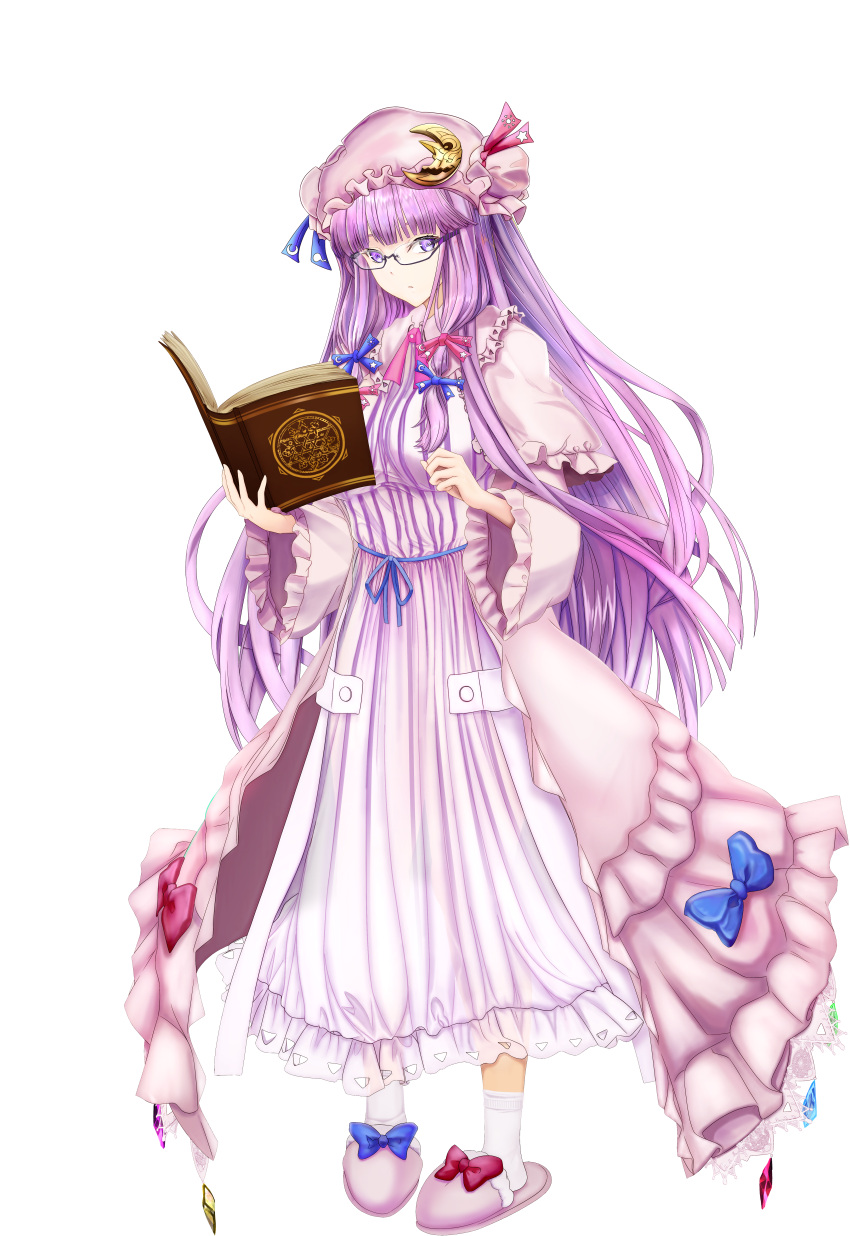 absurdres bangs blue_bow blunt_bangs book bow bowtie bun_cover crescent crescent_hat_ornament double_bun dress glasses hair_bow hair_bun hat hat_bow hat_ornament highres holding holding_book long_hair long_sleeves looking_at_viewer mob_cap open_book patchouli_knowledge pink_bow pink_bowtie purple_dress purple_hair purple_headwear red_bow slippers socks standing striped striped_dress tachi-e tk31 touhou transparent_background vertical-striped_dress vertical_stripes very_long_hair violet_eyes white_socks wide_sleeves