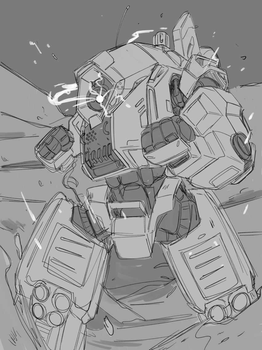 absurdres clenched_hands english_commentary glowing glowing_eye greyscale highres ion_(titanfall_2) looking_at_viewer mecha monochrome mymyc no_humans one-eyed robot sketch smoke solo titan_(titanfall) titanfall_(series) titanfall_2