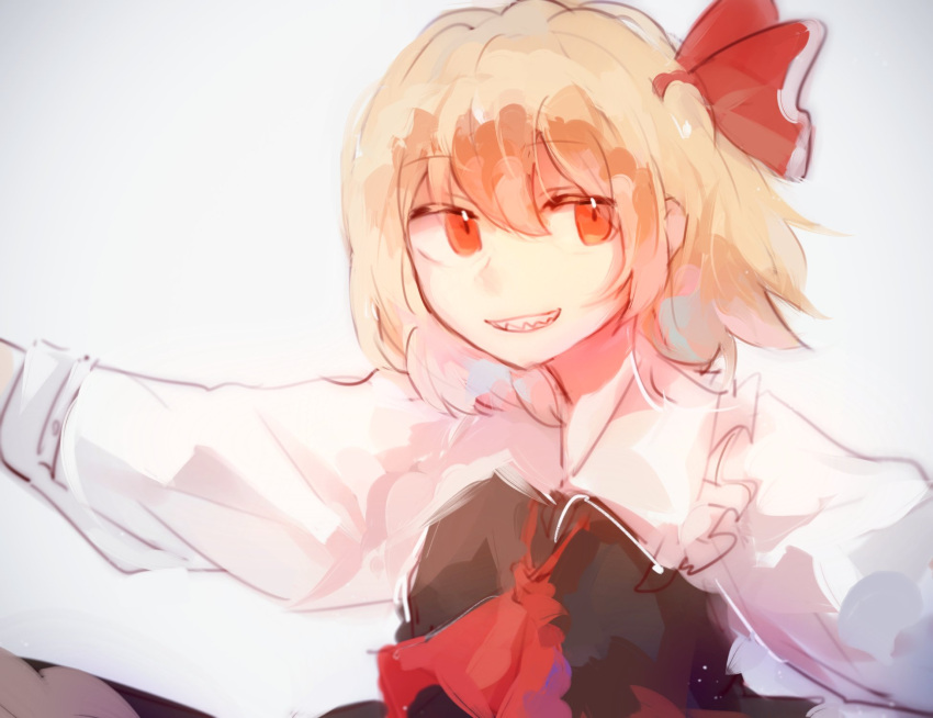 1girl arms_up ascot bangs black_dress blonde_hair chinese_commentary closed_mouth collared_shirt commentary_request dress hair_between_eyes hair_ribbon hands_up highres long_sleeves looking_to_the_side molajiyan puffy_long_sleeves puffy_sleeves red_ascot red_eyes red_ribbon ribbon rumia sharp_teeth shirt short_hair simple_background smile solo teeth touhou white_background white_shirt