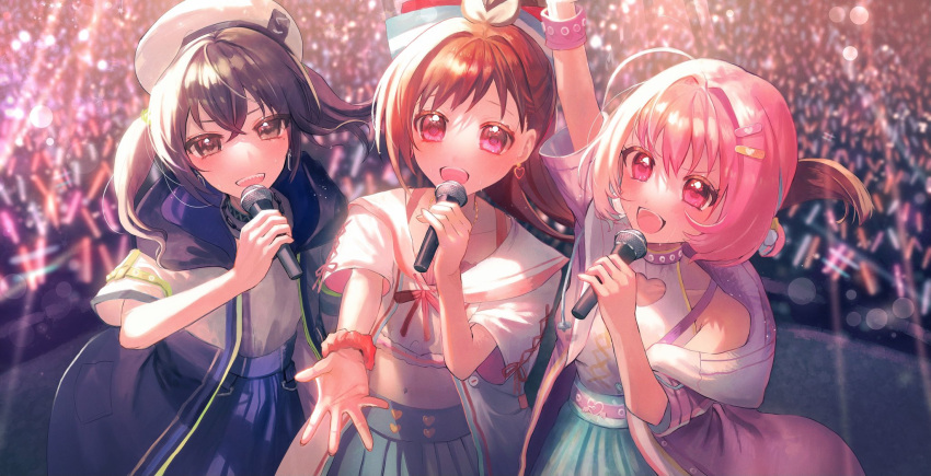 #lookingforaunitname_(idolmaster) 3girls ahoge ant beret blush bug clothing_cutout earrings hat heart heart_cutout heart_earrings highres holding holding_microphone idolmaster idolmaster_cinderella_girls jewelry light_rays light_stick looking_at_viewer microphone multiple_girls music navel open_mouth reaching_out sharp_teeth singing smile stage sunazuka_akira syouyugoblin teeth tsujino_akari yumemi_riamu