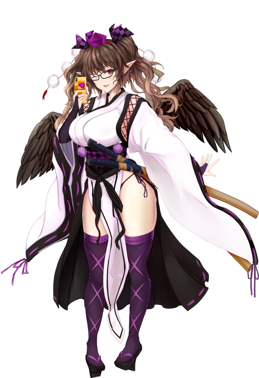 1girl absurdres bangs bespectacled bow breasts brown_eyes brown_hair cellphone detached_sleeves feathered_wings flip_phone geta glasses hair_bow hat highres himekaidou_hatate kourindou_tengu_costume loincloth long_hair medium_breasts phone pom_pom_(clothes) puffy_short_sleeves puffy_sleeves purple_bow purple_footwear sash short_sleeves sidelocks simple_background smile solo standing tachi-e tengu-geta thigh-highs tk31 tokin_hat touhou transparent_background wings zettai_ryouiki