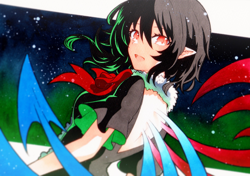 1girl asymmetrical_wings black_dress black_hair blue_wings dress frilled_dress frills highres houjuu_nue pointy_ears qqqrinkappp red_eyes red_wings short_dress short_hair short_sleeves solo touhou traditional_media wings